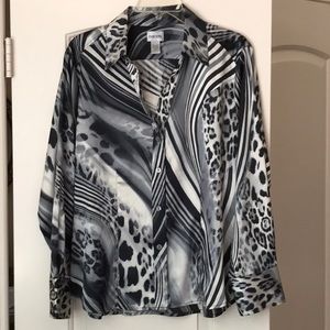 Chico’s Silver Black Animal Print Satin Long Sleeve Button Down Blouse Sz 2 (L)